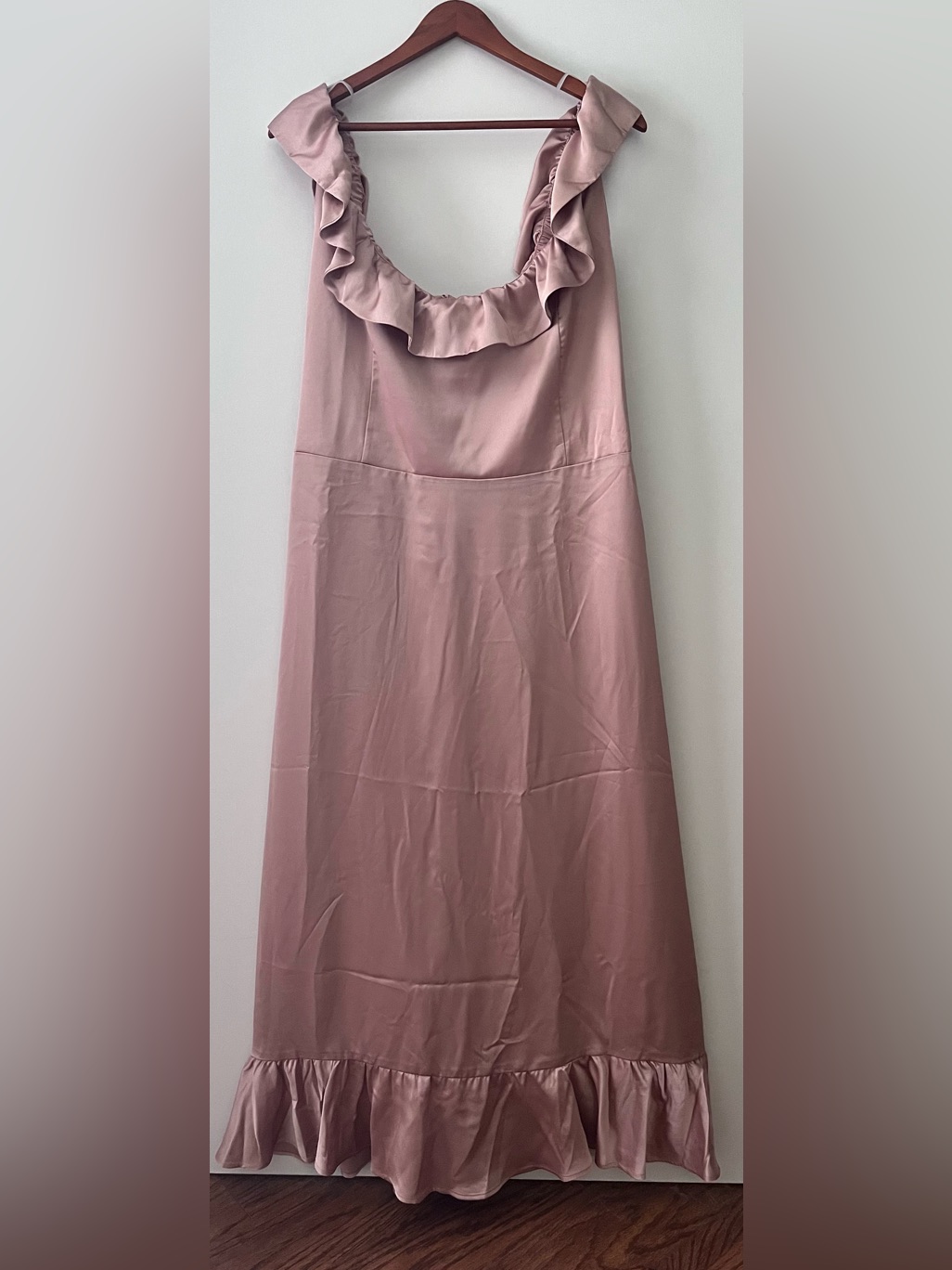 Show Me Your Mumu “Alexis” Midi Dress With Ruffle Neck Rose Gold
